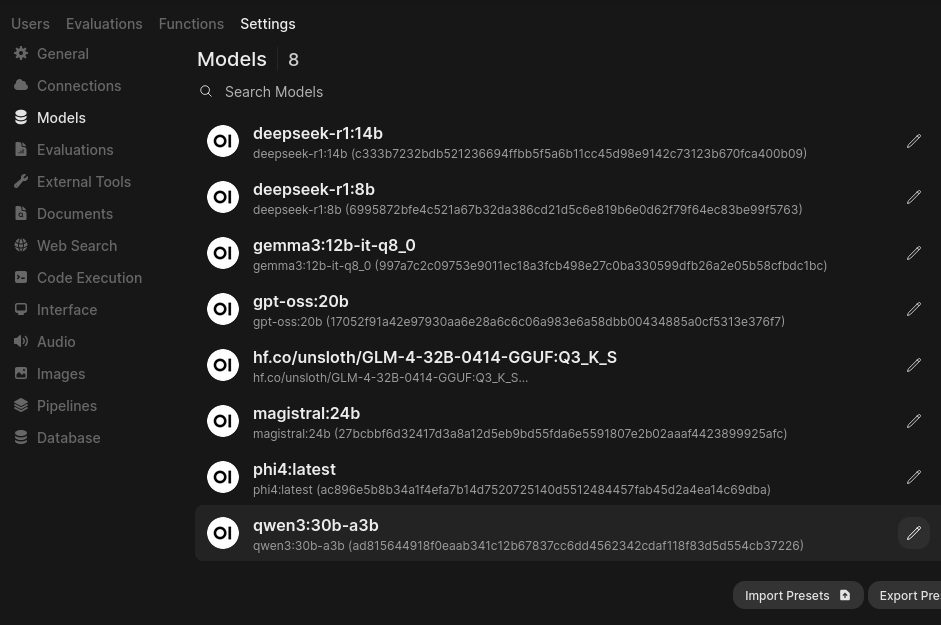Screenshot of the list of models in OpenWebUI
